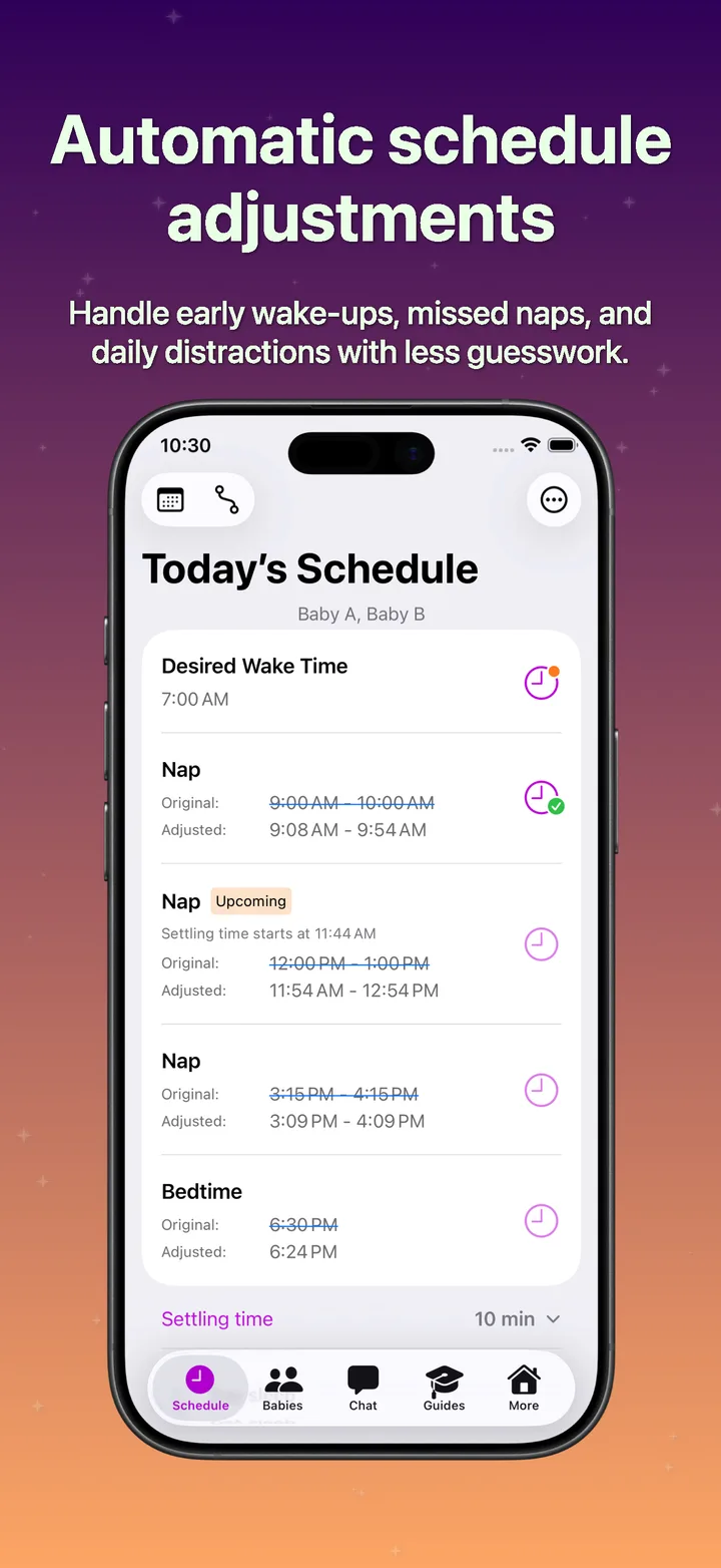 SleepyTwins adjustment screen showing revised nap and bedtime timing