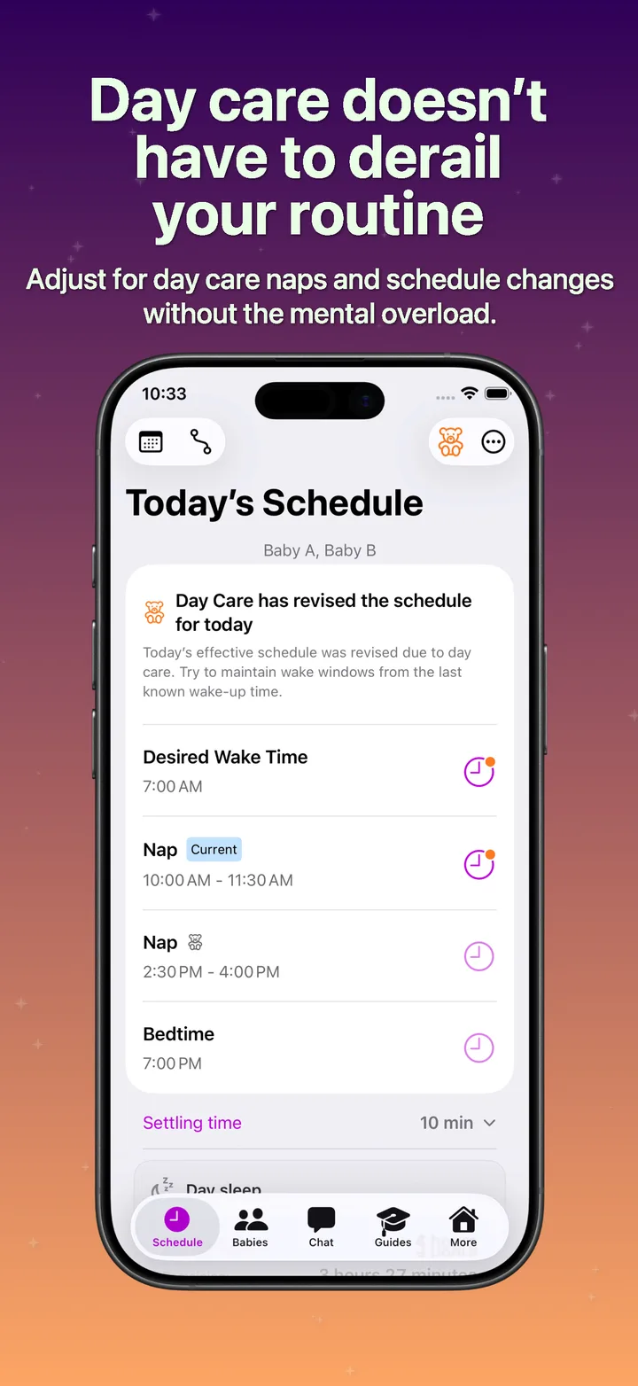 SleepyTwins day care mode screen showing a revised daily plan for two babies